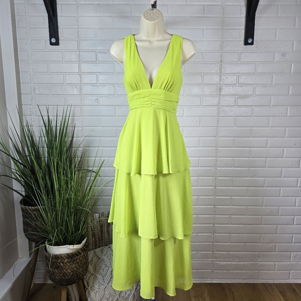 Lulus Vibrant Lime Green Tiered Layered Deep V Neck Dress Size Small